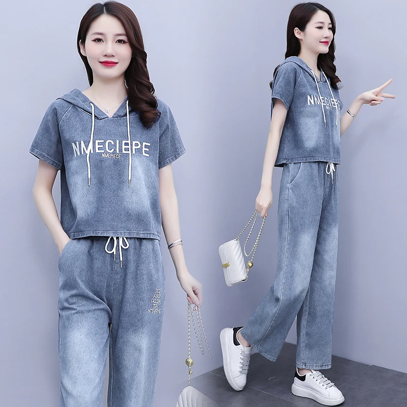 夏季牛仔阔腿裤宽松外套套装洋气绣花时尚韩版两件套休闲穿搭女装