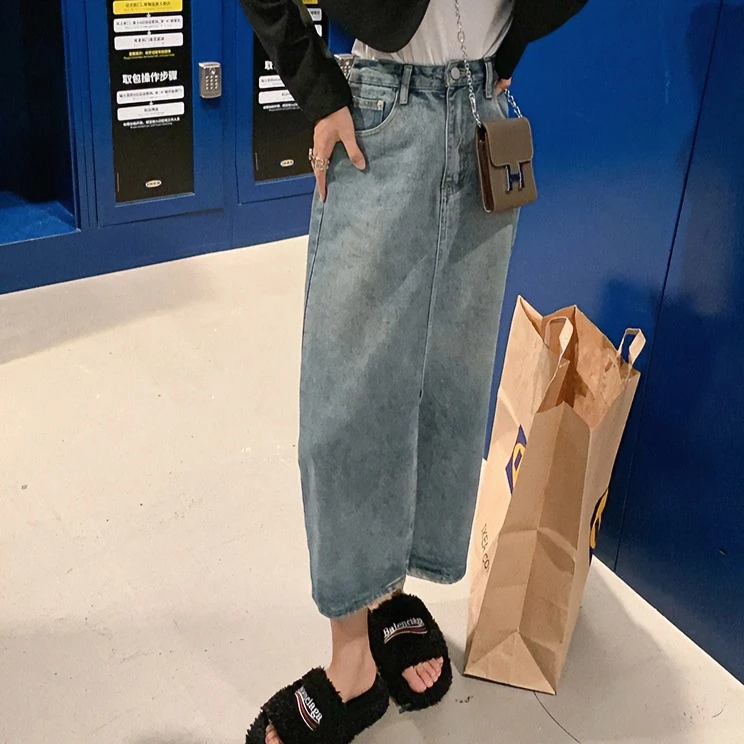 曾小咸女装高腰牛仔半身裙中长款百搭开叉直筒包臀裙Y0129