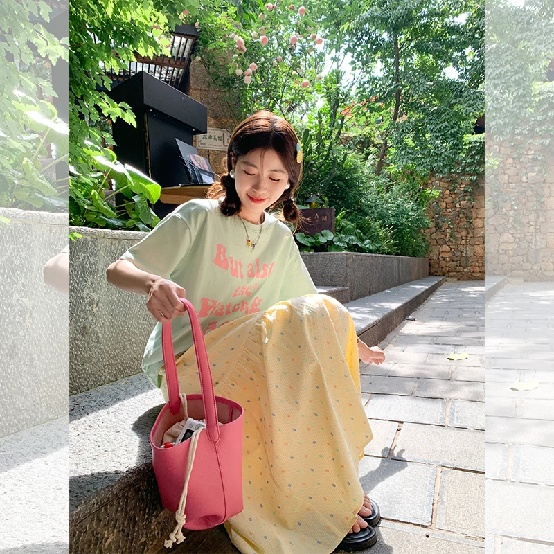 曾小咸卡布夏日 气质宽松女夏季彩色波点中长款半身裙 Z242BZ1513