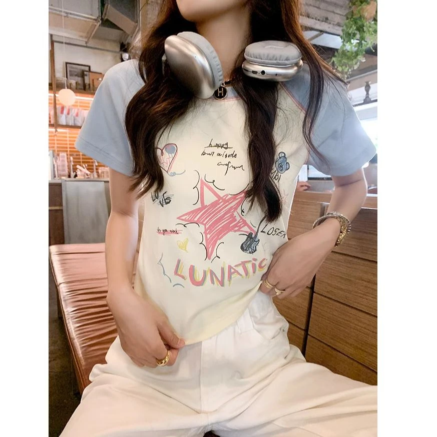 【清清】 撞色印花修身短款t恤时尚正肩体恤Z232AT100