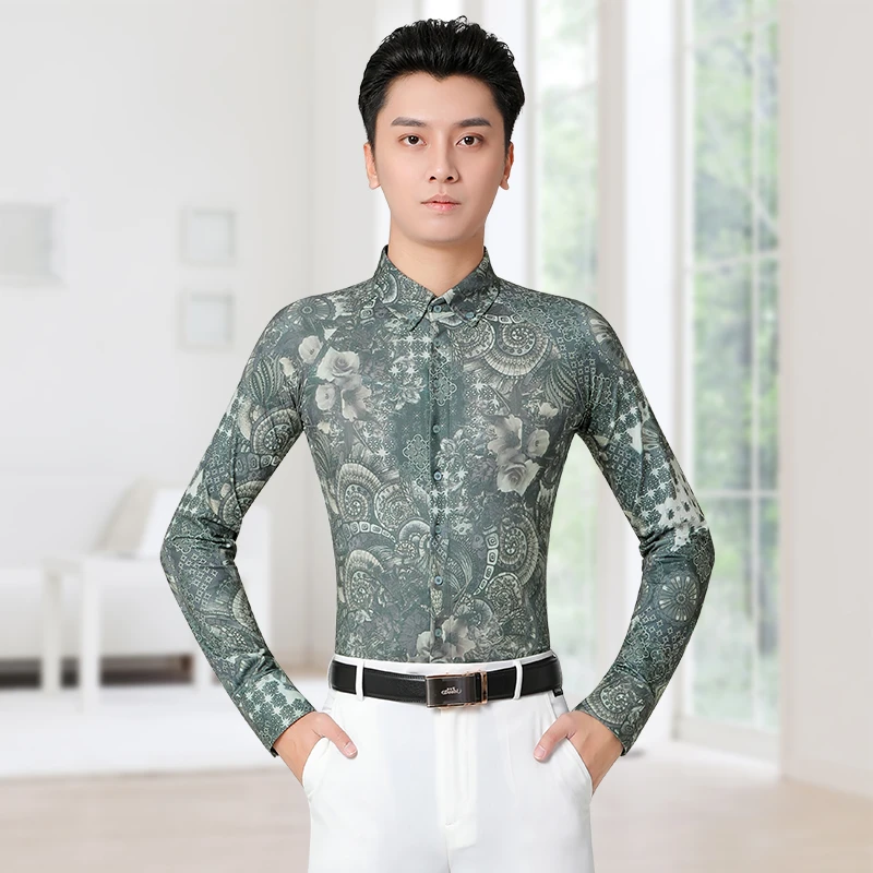 【男长袖印花衬衣】丹宝罗拉丁舞服国标舞上衣男款比赛演出跳舞衣服
