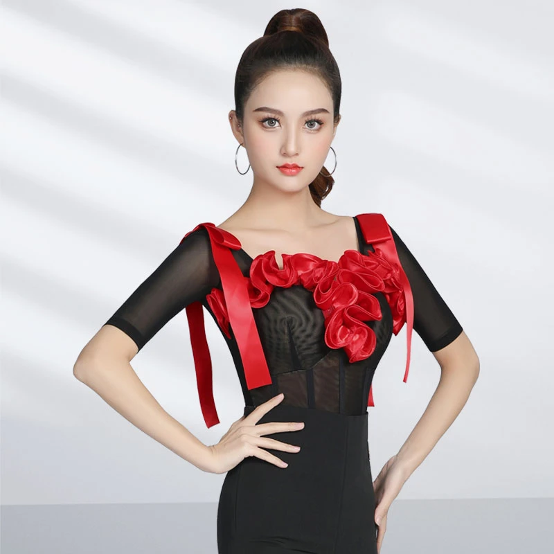 【女中袖U领彩带荷叶边】丹宝罗舞衣高档华尔兹上衣摩登舞服最新款
