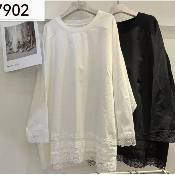 重工刺绣插肩圆领领双拼衬衫蕾丝衫（90斤穿到180斤）7902