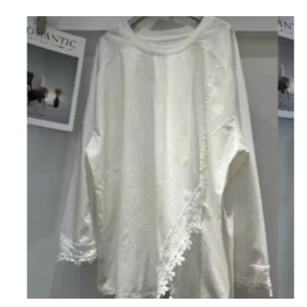 纯棉拼接衬衫蕾丝底边开叉T恤（90斤穿到180斤）（7905）