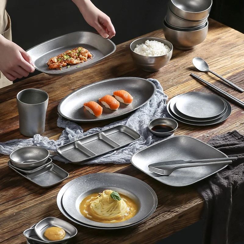 onlycook复古餐盘餐具雪花砂光做旧不锈钢碗户外露营盘子碟子家用