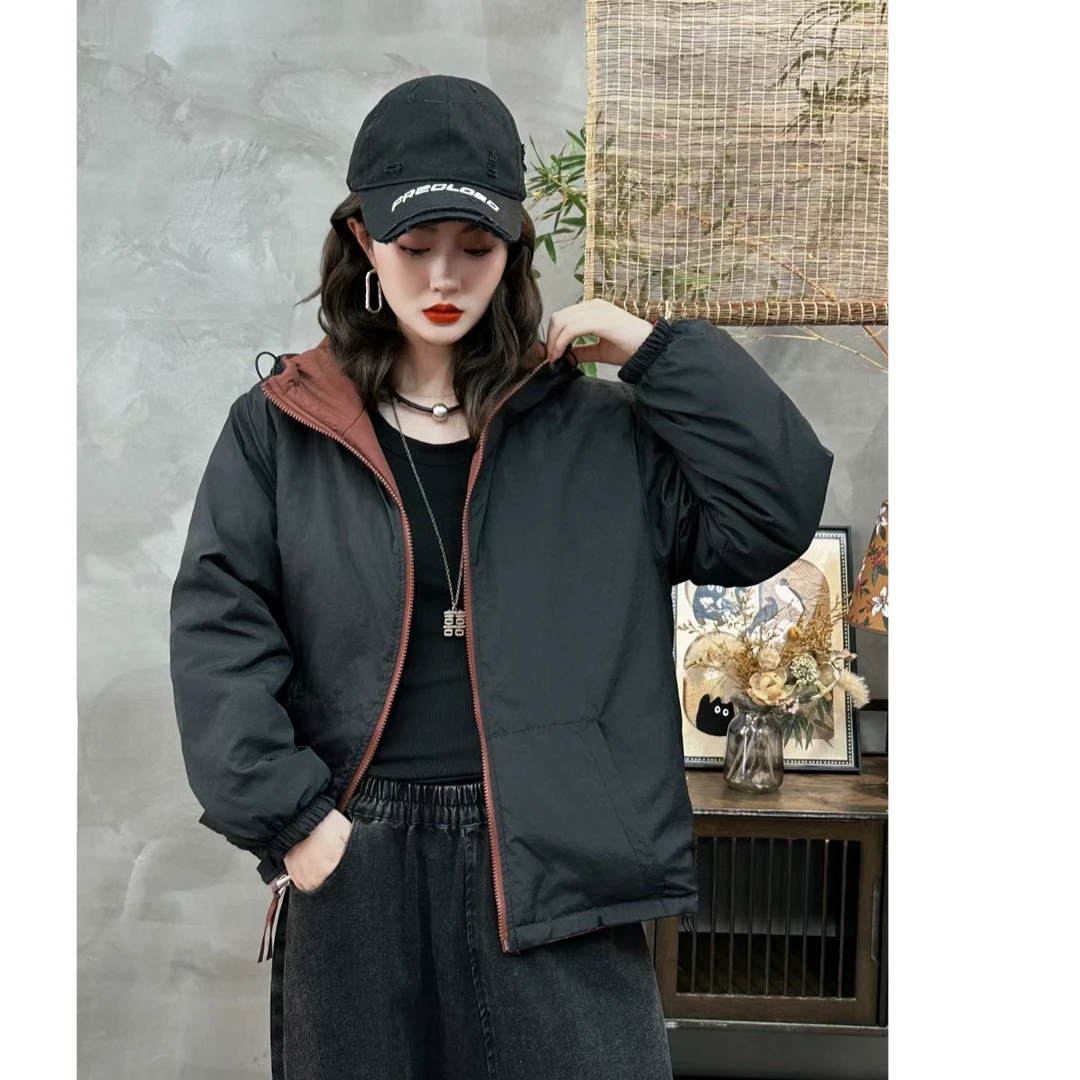 新款保暖连帽外套两面穿棉衣休闲百搭棉服宽松防风上衣