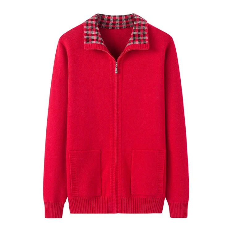 秋冬中老年羊绒衫女妈妈装翻领格子开衫加厚妈保暖毛衣纯色外套