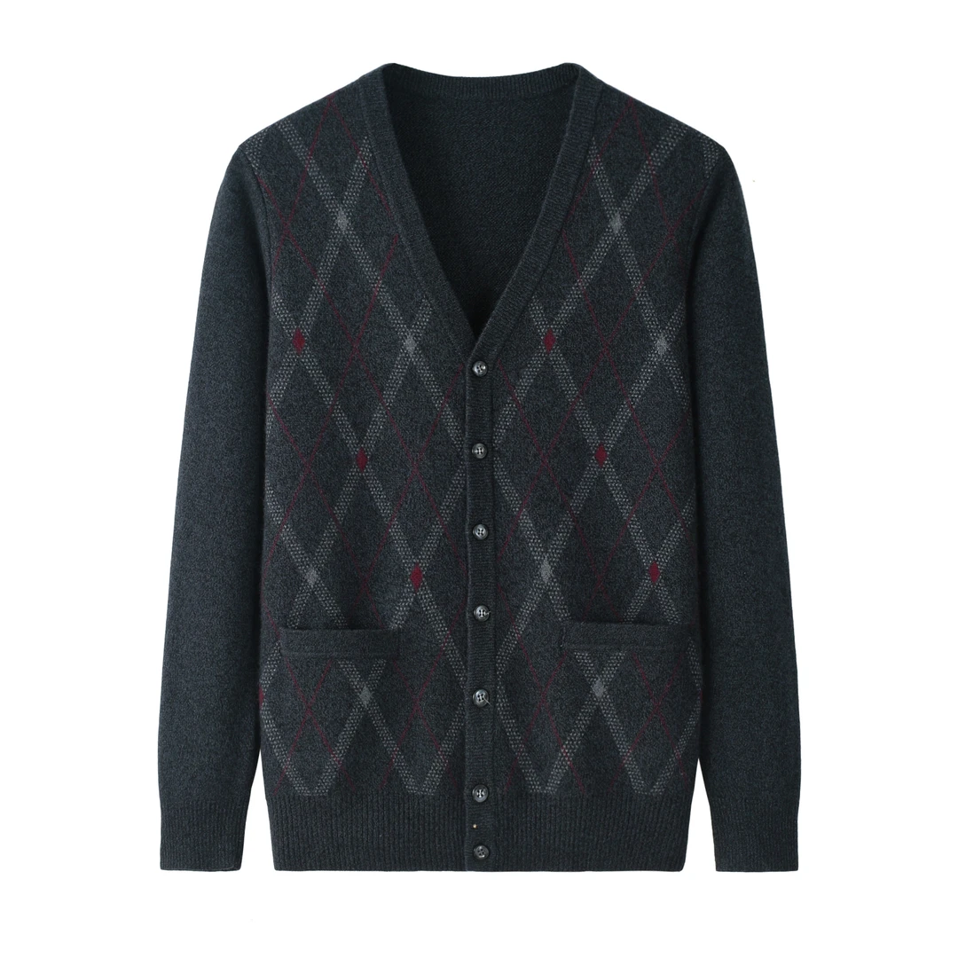 中老年羊绒衫男加厚大码开衫宽松爸爸口袋毛衣爷爷开襟保暖针织衫