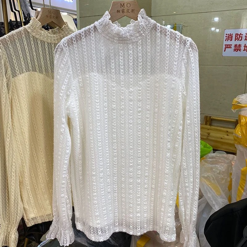 性感微透小半高领蕾丝打底衫女秋冬款洋气内搭时尚网纱水貂绒上衣