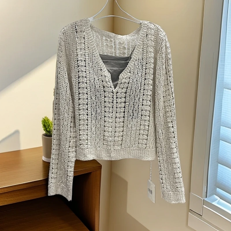 法式温柔风慵懒杏色短款针织外套春秋季新款美拉德宽松外搭上衣