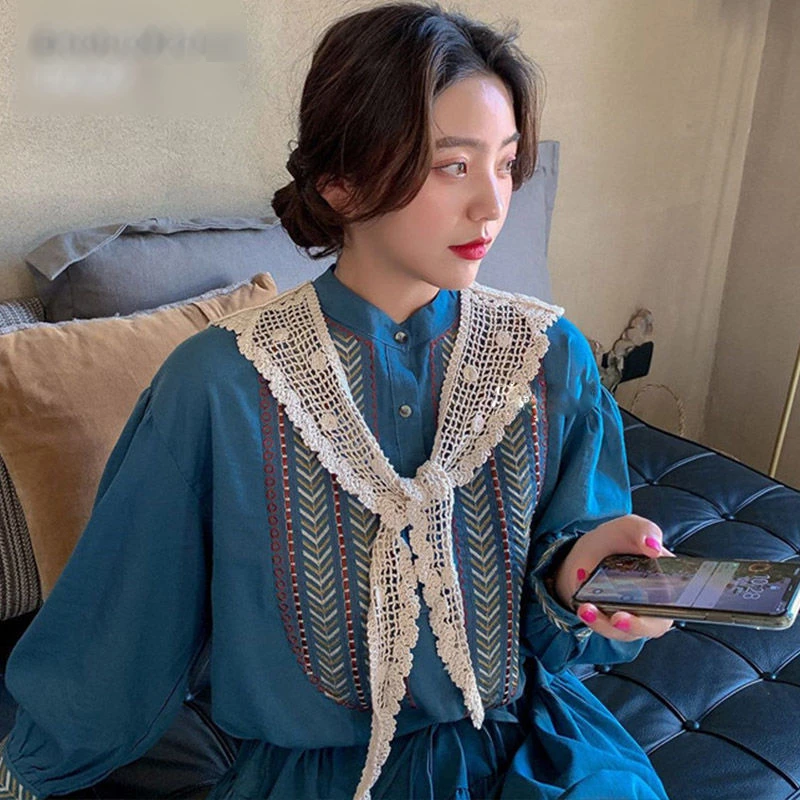 春秋季防晒小披肩棉蕾丝勾花三角巾韩版镂空配裙子假领子外搭丝巾