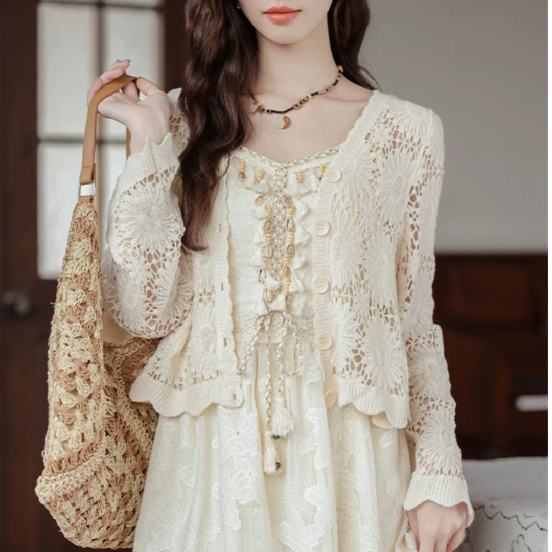 镂空针织防晒开衫女2024新款夏季配吊带长裙的外搭罩衫薄款短外套