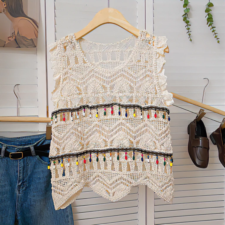 夏季女外穿百搭吊带针织衫钩花镂空无袖针织衫马甲罩衫时尚名媛