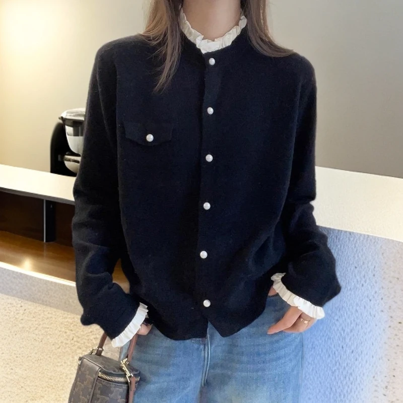 欧货木耳花边拼接时尚针织开衫女2024早秋新款小香风毛衣外套内搭