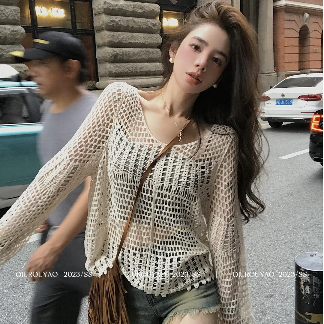 春夏新款套头上衣宽松木耳边设计感显瘦长袖镂空针织衫女秋季薄款