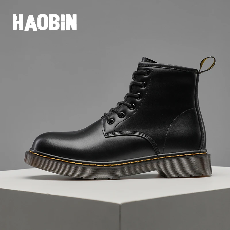 浩宾新款时尚百搭黑色男士复古厚底高帮秋冬休闲马丁靴冬季