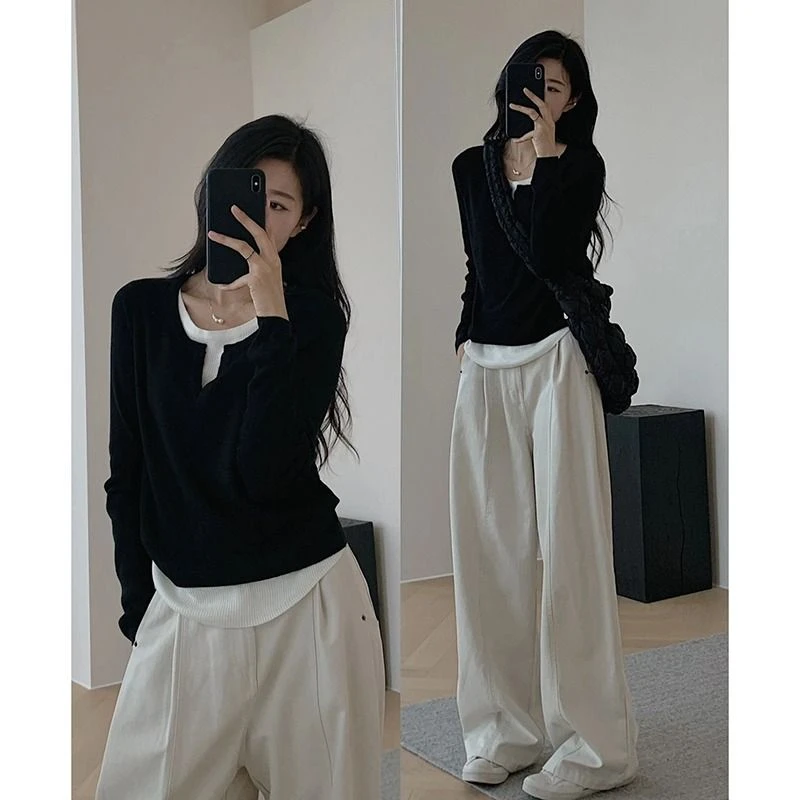 黑色假两件长袖T恤女春秋不规则拼接修身显瘦内搭针织打底衫上衣