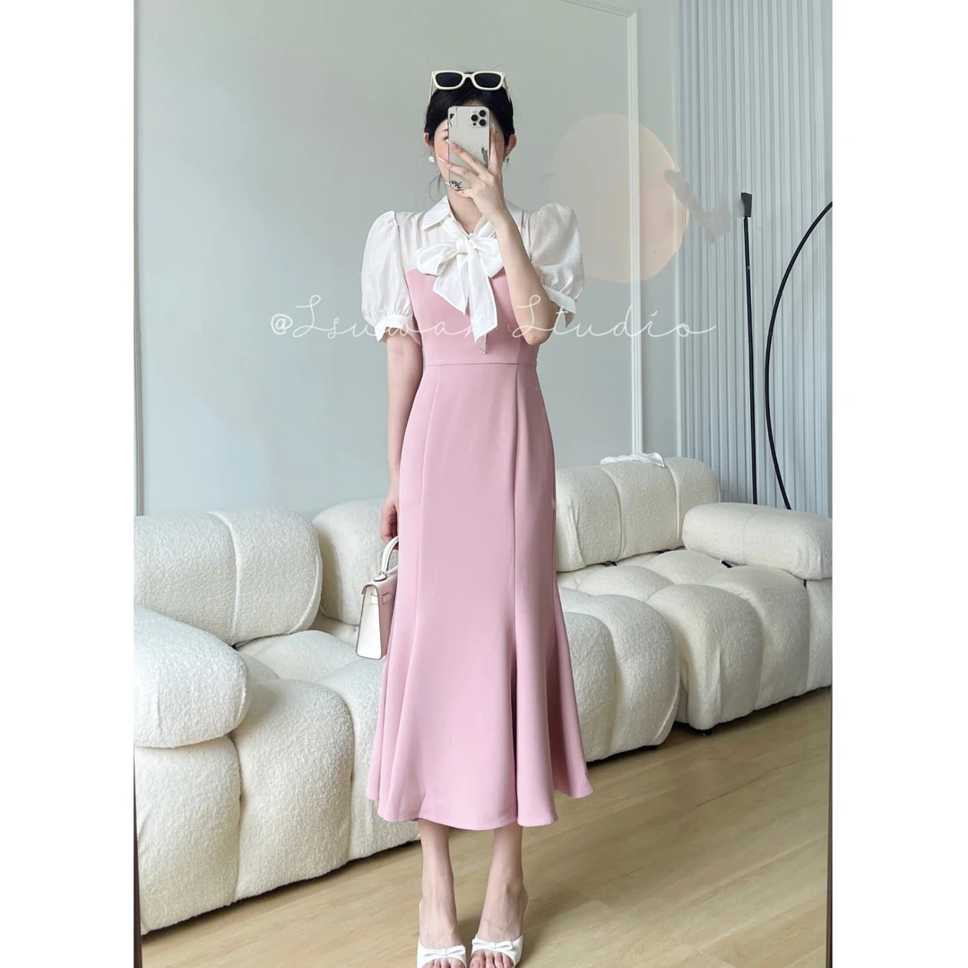 【清仓no退no换】白茶玫瑰 | 法式浪漫气质蝴蝶结领拼接鱼尾睡裙