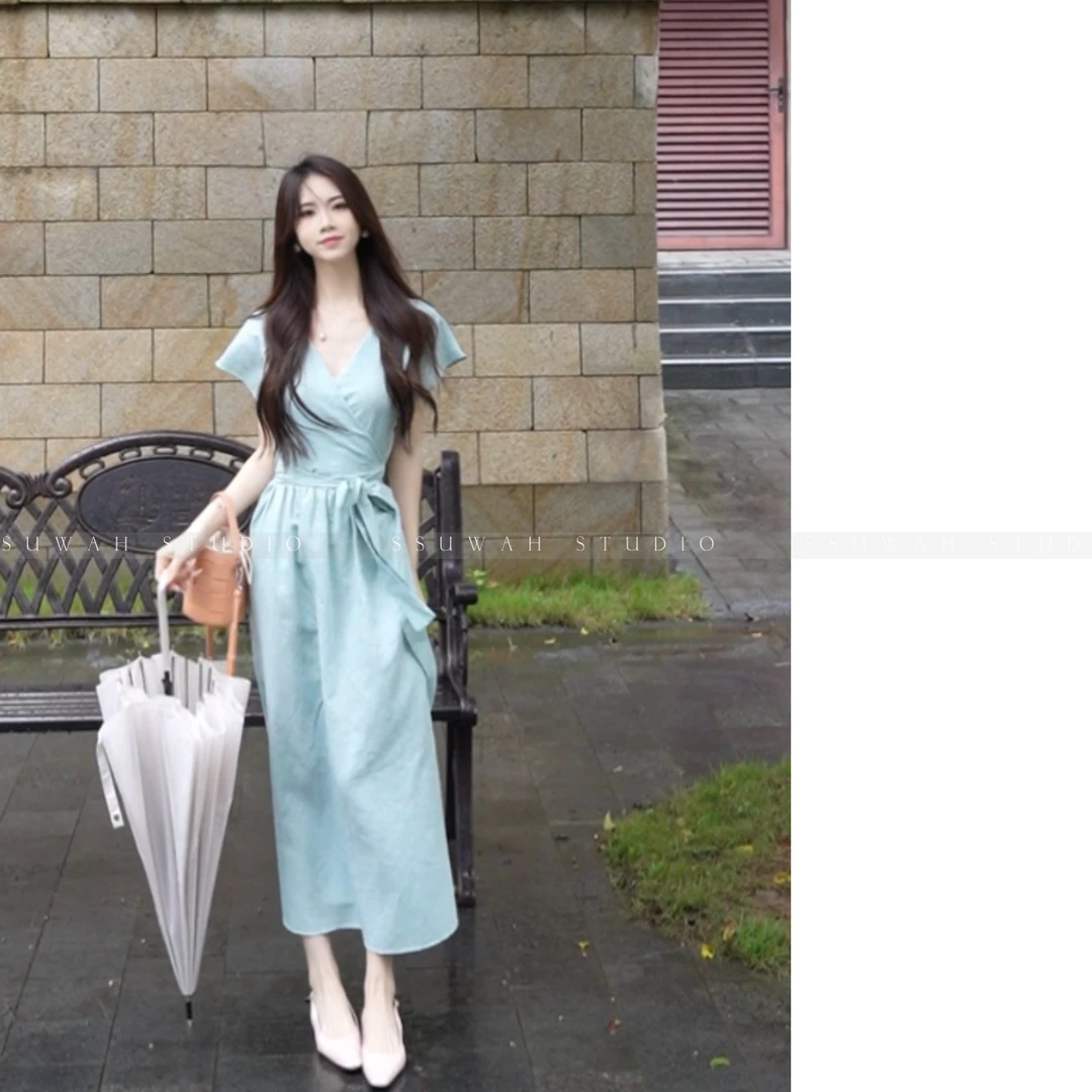 【清仓】蓝色连衣裙 | SSUWAH苏木华 | 多巴胺亚麻连衣裙