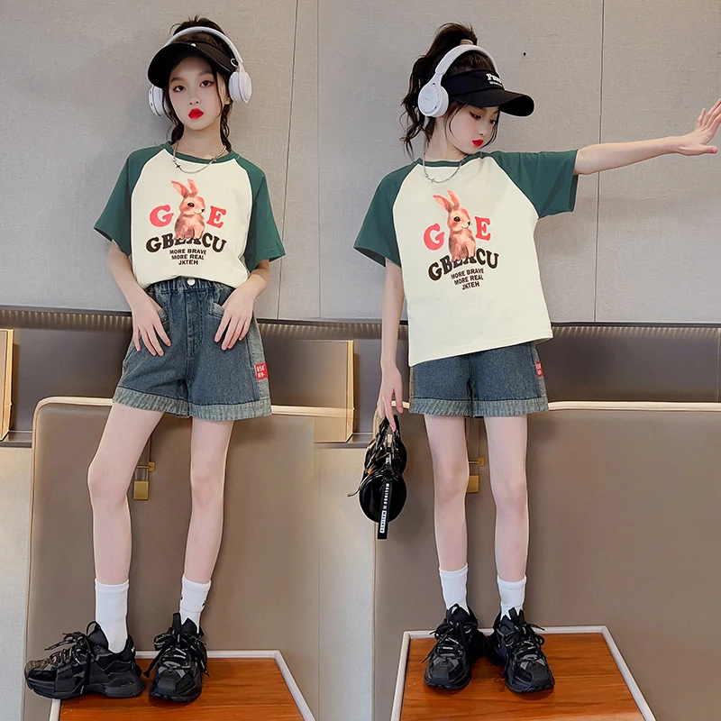 女童套装夏季薄款2024儿童夏天短裤短袖两件套复古潮款夏装中大童