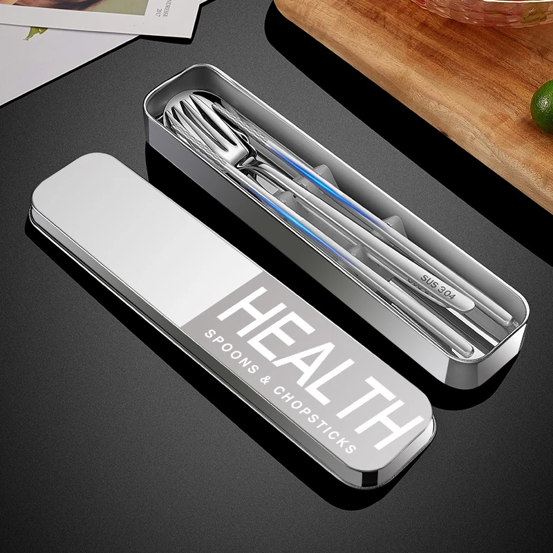 【小扬哥推荐】304不锈钢筷子勺子套装叉子单人装便携餐具盒三件