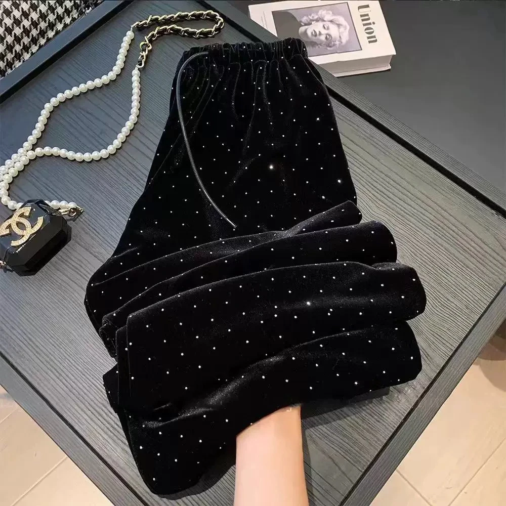 黑色金丝绒满天星烫钻阔腿裤女2024秋冬新款高腰气质垂感直筒长裤