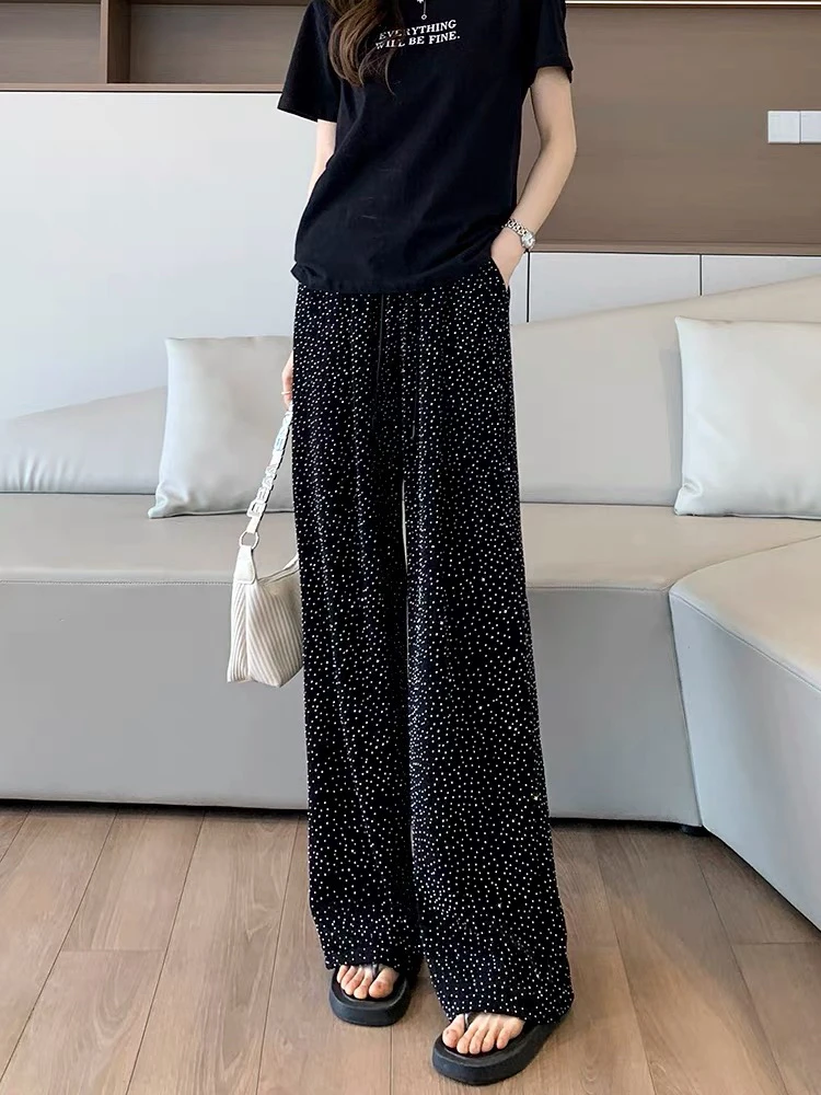 baiqin/百琴亮闪闪阔腿裤女夏季新款烫钻休闲裤宽松百搭显瘦垂感