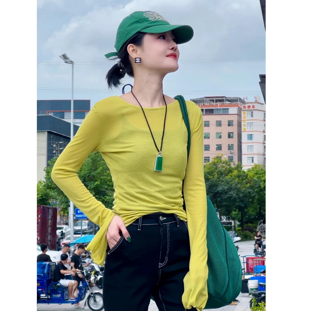 夏季新款显瘦洋气百搭女士纯色时尚修身长袖T恤A0812