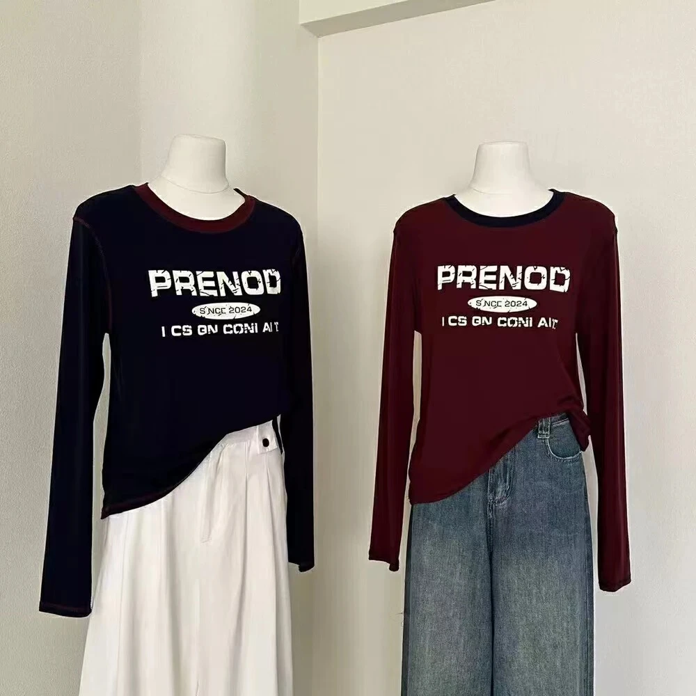 百搭秋季新款圆领拼色字母印花长袖T恤 H923