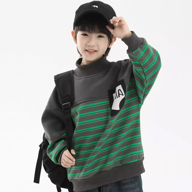 童装男童加绒卫衣2024秋冬新款条纹男童衣服6-12岁潮款直播