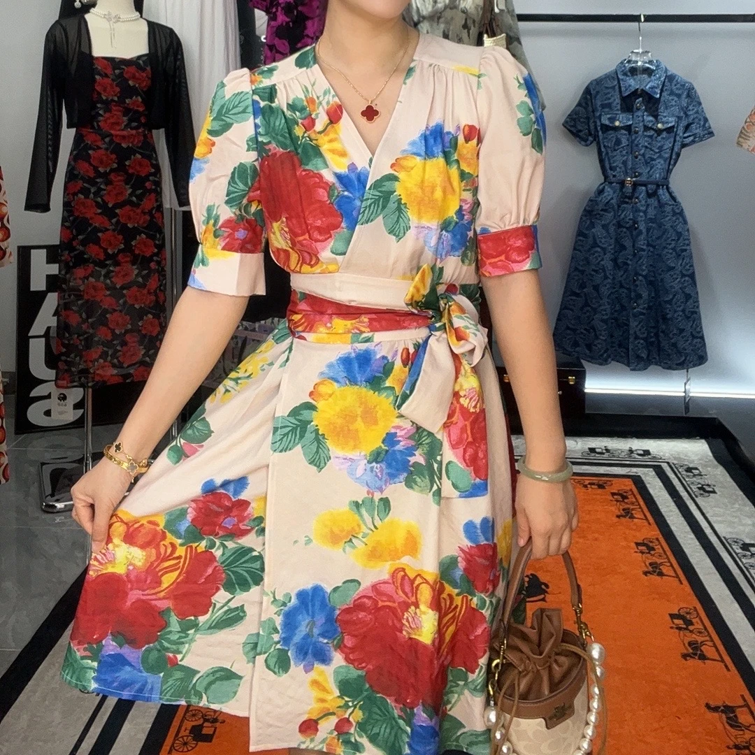 夏季短袖收腰修身轻熟风V领绑带法式碎花连衣裙A字气质长裙8861#