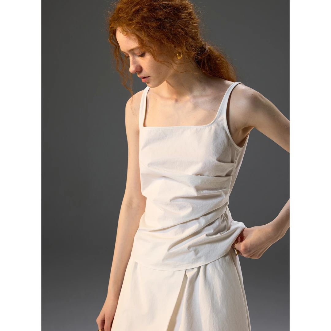 saje浪漫文艺细斜肌理高密棉窄肩带显瘦捏褶绑带背心