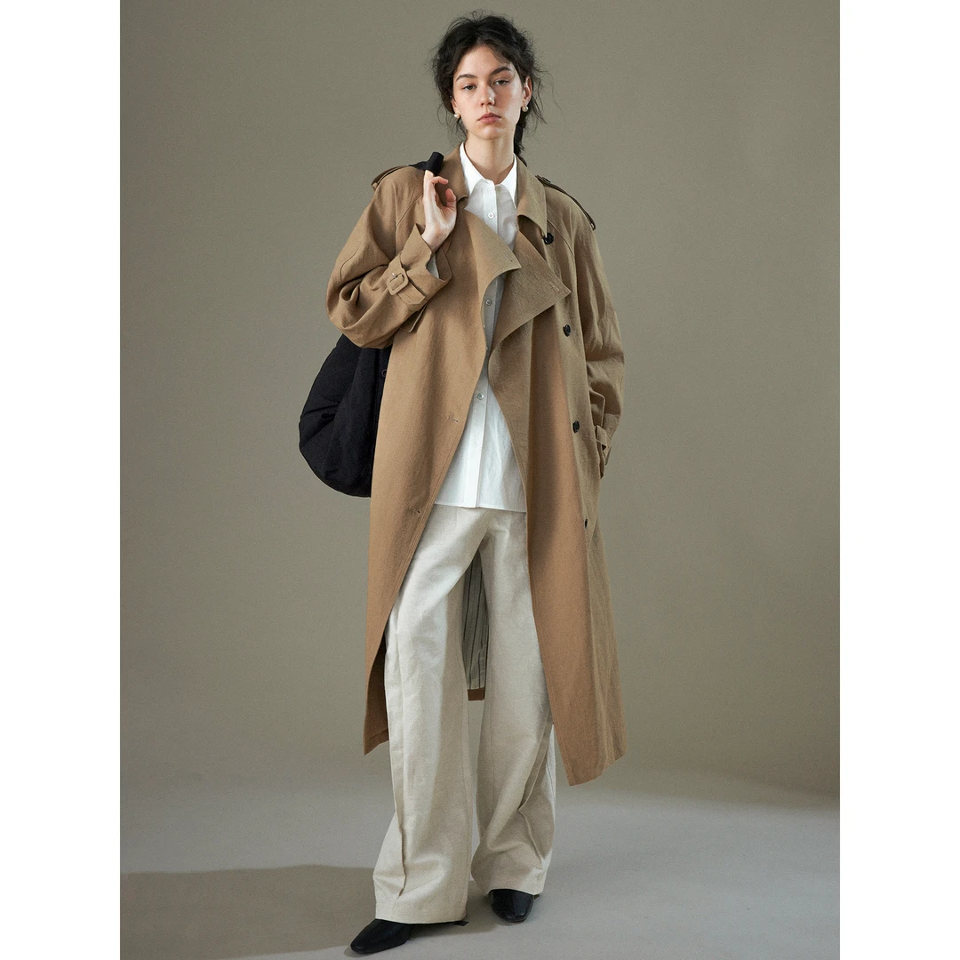 法式简约 松弛感肌理感亚麻锦混纺料阔肩晚秋翻领风衣M【直播】