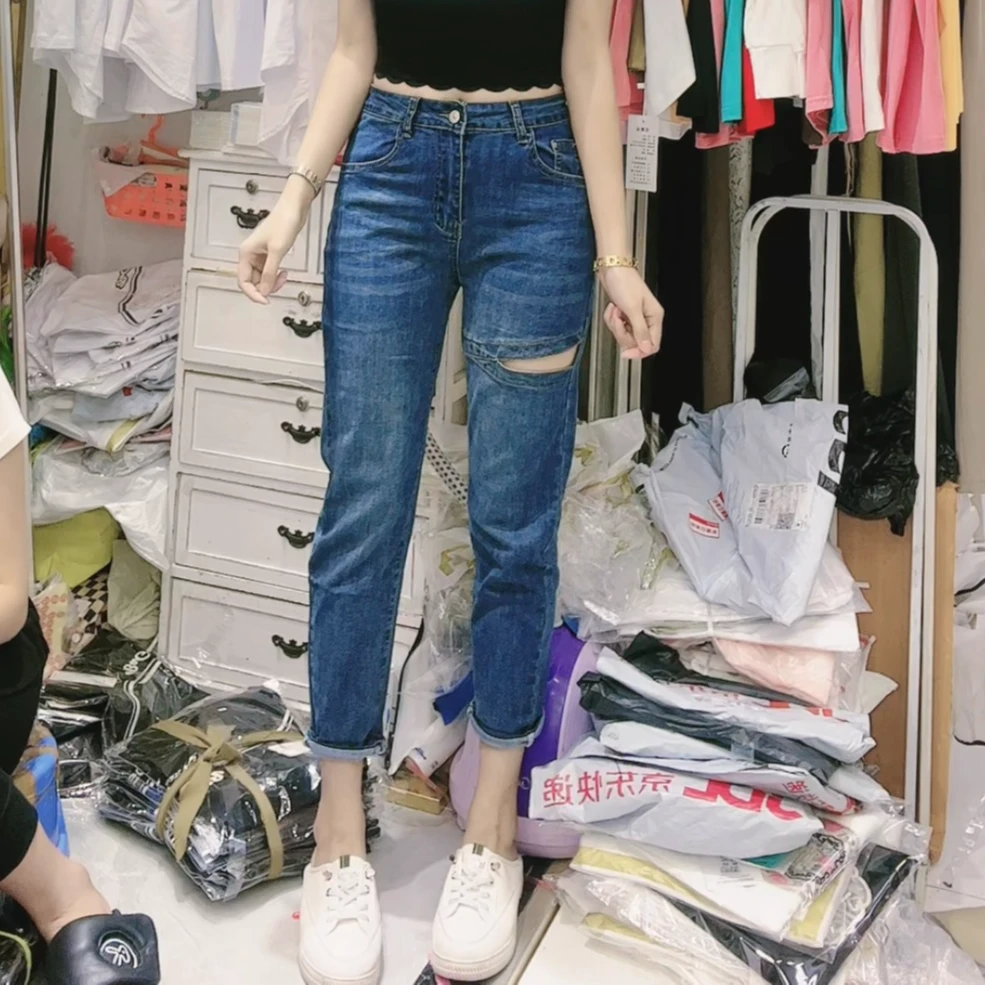 【小玉】夏季新款破洞时尚显瘦百搭老爹牛仔裤