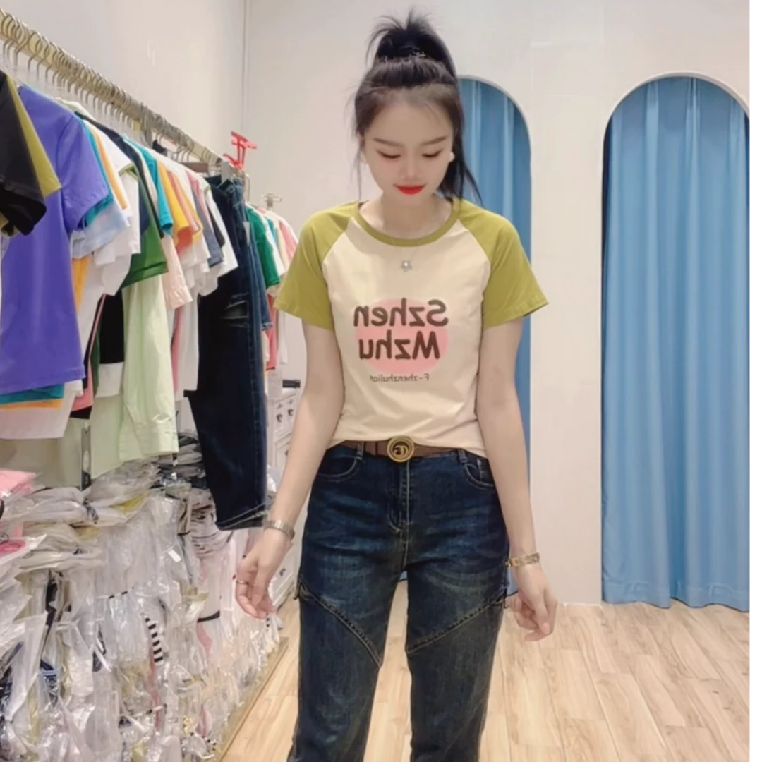 【小玉】夏季撞色正肩短袖T恤印花修身显瘦设计感百搭时尚减龄上衣