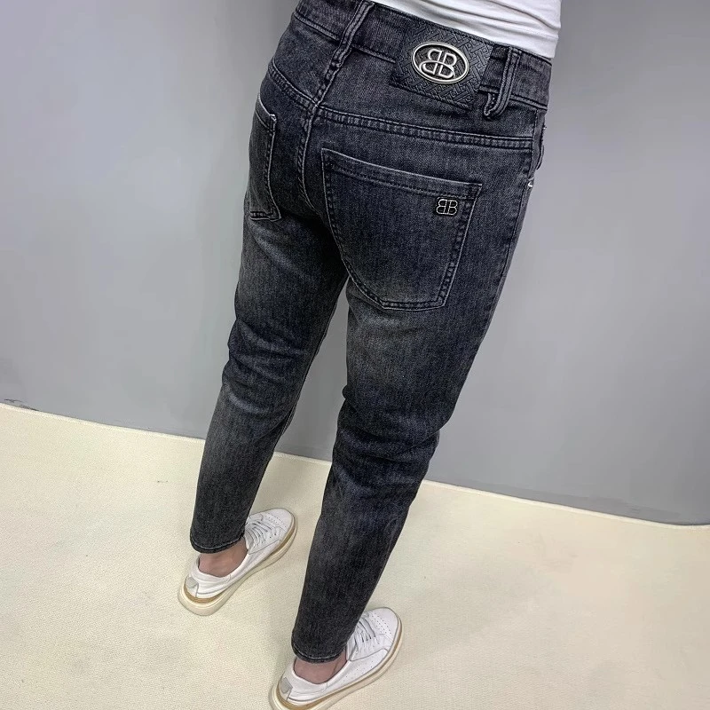 高端牛仔裤男2024年春夏薄款复古百搭弹力刺绣修身黑灰色九分裤子