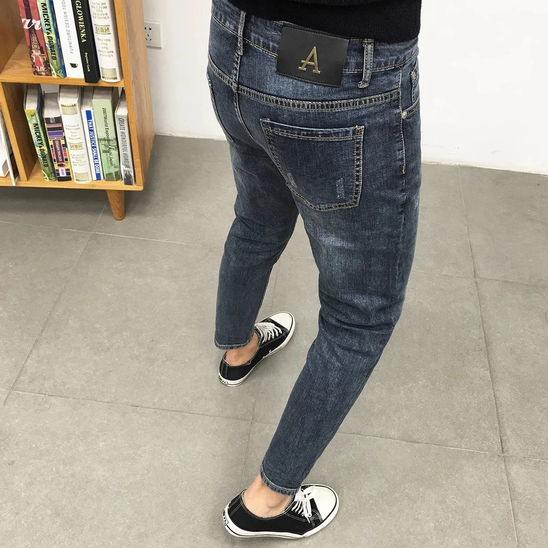 牛仔裤男款秋季潮牌美式街头百搭修身小脚复古蓝怀旧水洗九分裤子