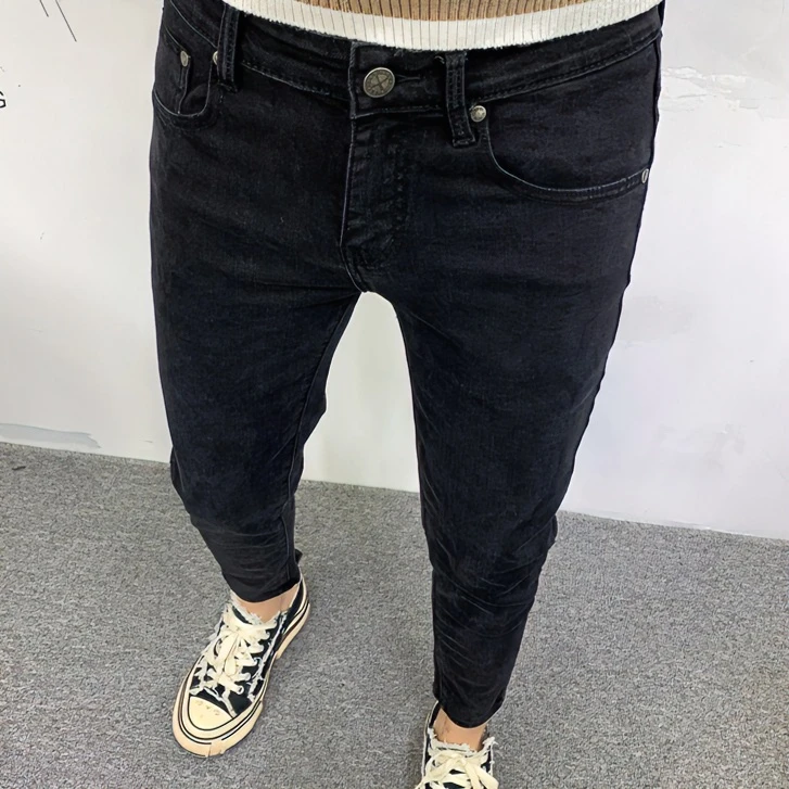 黑色牛仔长裤男潮牌冬季薄绒韩版休闲弹力修身小脚潮流简约九分裤