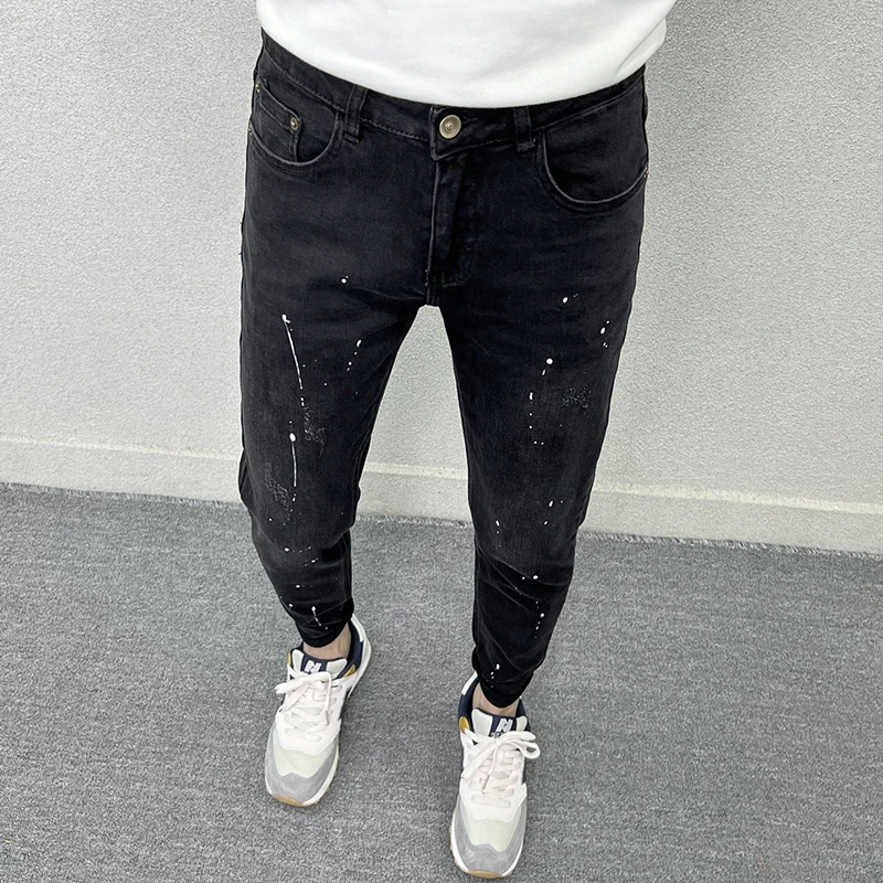 泼墨牛仔裤男款秋季美式复古休闲高街修身百搭黑灰色小脚耐磨长裤