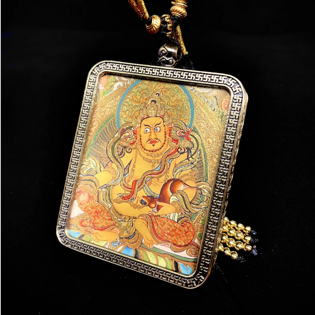 藏式手绘描金唐卡吊坠黄财神