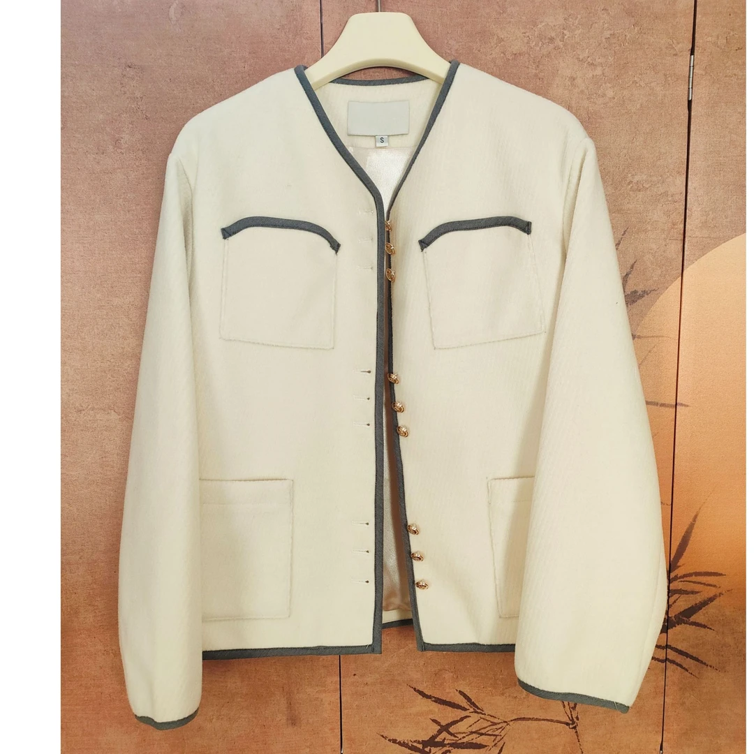 秋冬小香风休闲短外套简约百搭纯色短款毛呢白色