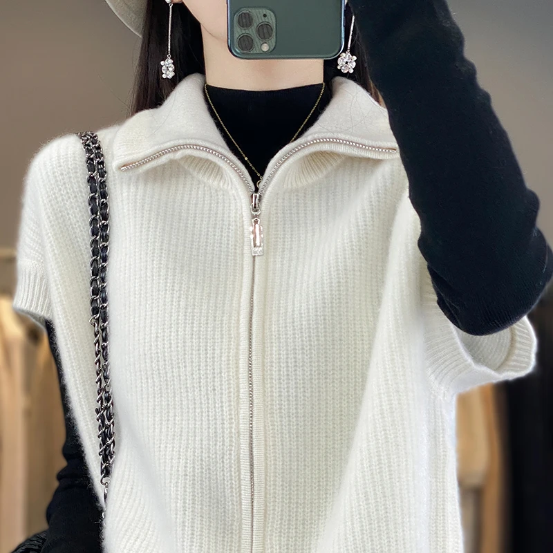 秋冬新款纯羊毛双拉链针织衫女高领宽松开衫马甲时尚显瘦休闲百搭