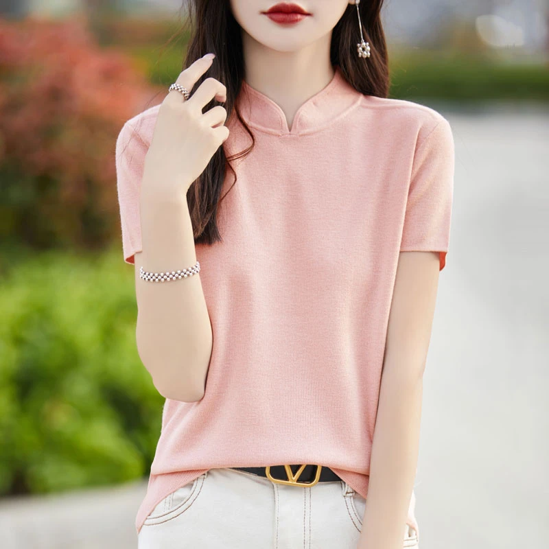 国潮风立领针织衫短袖女旗袍领精纺羊毛抽条显瘦百搭薄款纯色休闲