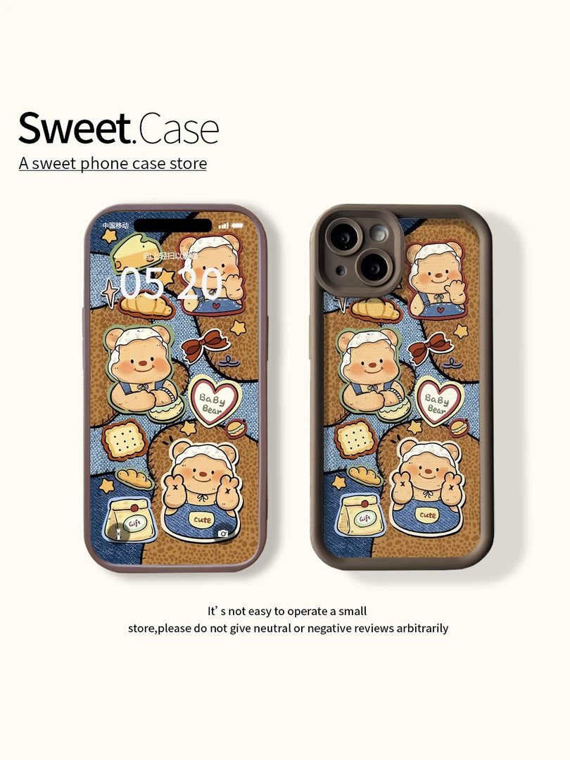 面包牛仔小熊复古潮牌手机防摔套保护壳情侣款阶梯皮纹手机壳全包