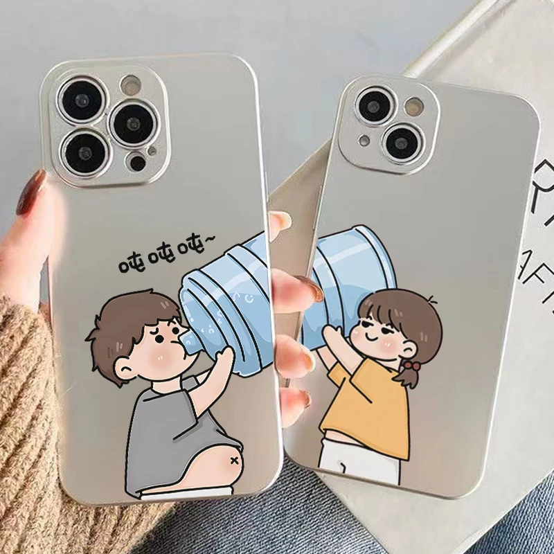 电镀银搞怪喝水男女ins适用苹果手机壳情侣苹果14华为oppo荣耀