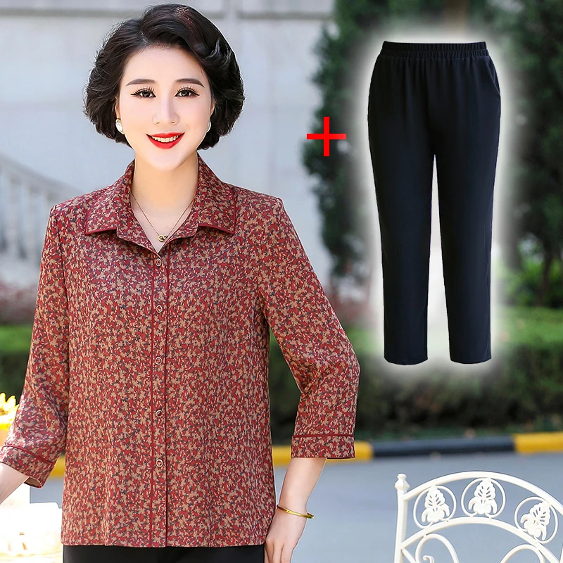 V/雅鹿衬衣碎花妈妈装早秋新款大码洋气高贵中老年奶奶女装B3579