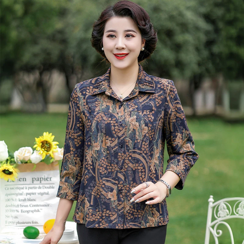 雅鹿九分衬衫中老年人女装高贵洋气阔太太印花上衣B0515