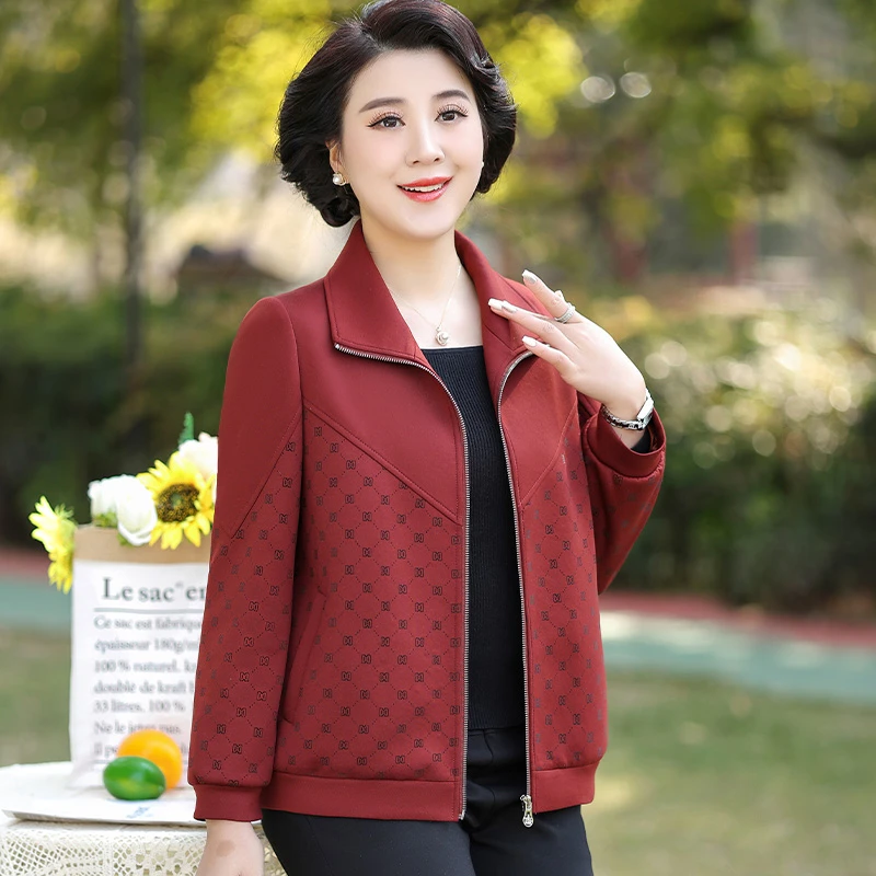 雅鹿洋气妈妈春秋外套翻领大码开衫中老年女高贵奶奶上衣A0373