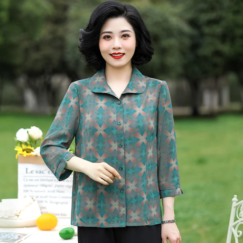 雅鹿九分袖翻领早秋新款洋气中老年人奶奶女装上衣B0527