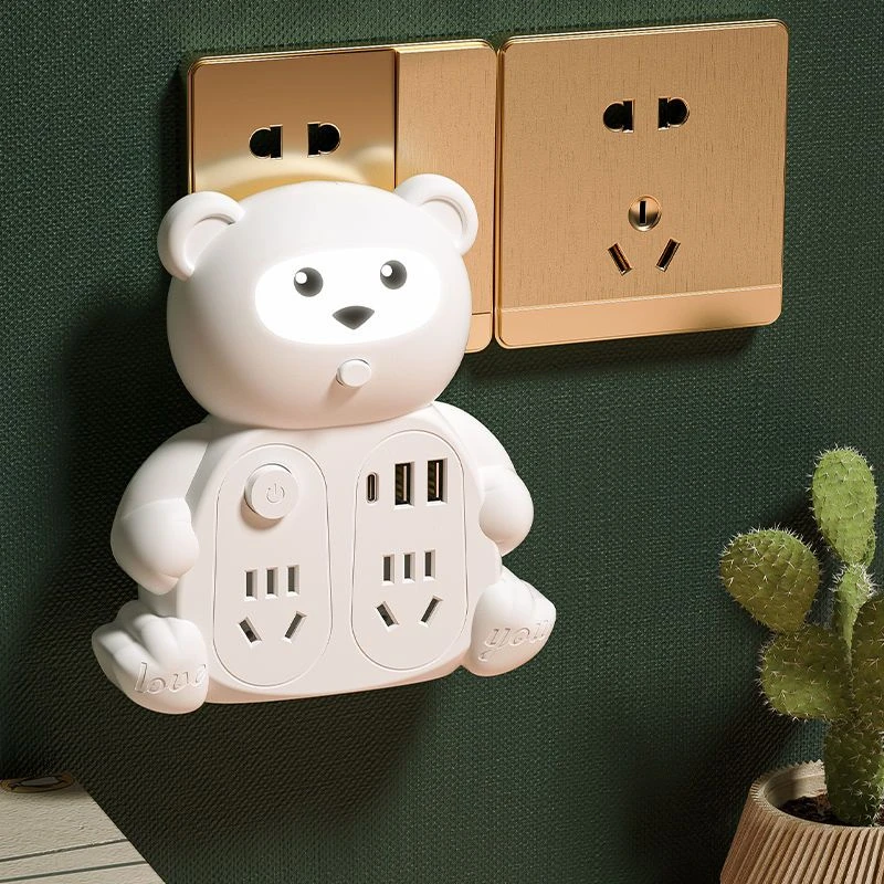 小熊夜灯插座板多功能电源插头转换器USB充电无线多孔插排接线板
